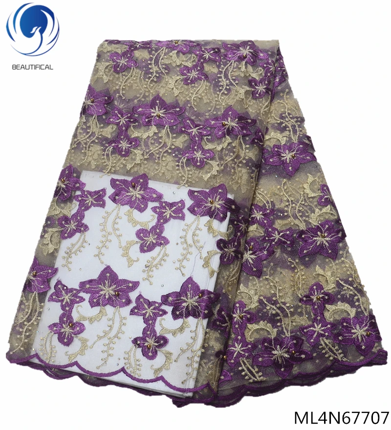 

Beautifical purple french lace purple lace fabric french lace fabric new arrival 2019 wedding decoration gold beads ML4N677