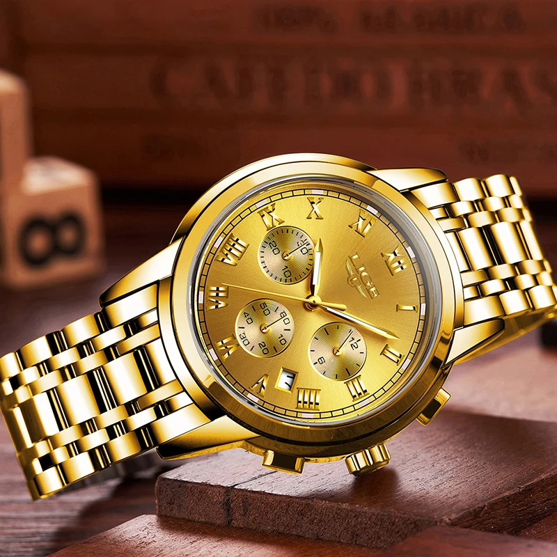 LIGE для мужчин s часы лучший бренд класса люкс Модные Кварцевые Золотые часы для мужчин бизнес нержавеющая сталь Водонепроницаемый Часы Relogio Masculino
