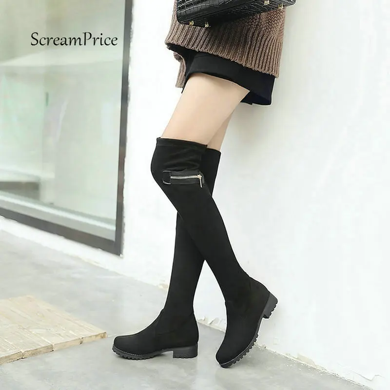 

Over the Knee Boots Women Stretch Flock Leather Zipper Flat Thigh Boots Round Toe Autumn Winter Fashion Woman Shoes 2018 Boots