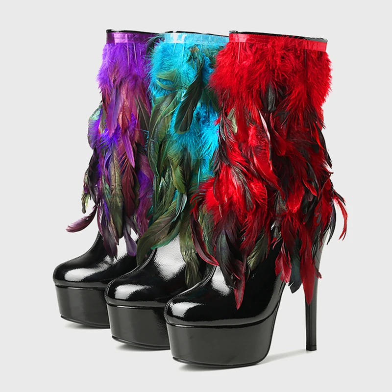 

Hot women's boots in 2019 big size 22.5-28cm length super high heel boots Patent leather color feather Stylish personality
