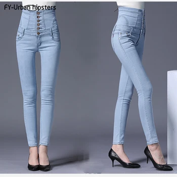 

European style classic ladies high-waist jeans Slim thin style buttons pencil tie casual light blue jeans Plus Size Denim