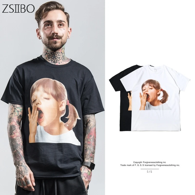 Yawning girl face Print T-shirt men and women thin section cotton loose couple T-shirt street trend hip hop Tops WGTX39