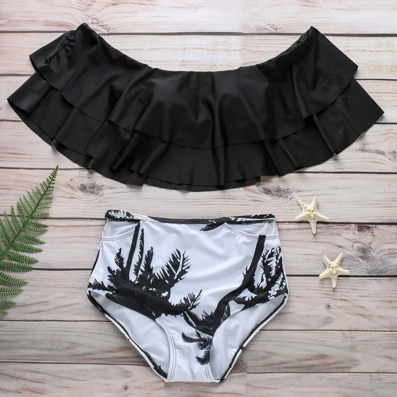 

2Pcs/Set Woman Swimsuit Sexy Off Shoulder Ruffled Flounce Crop Bikini Top With Print Cut Out Bottoms Women Summer Swimwear