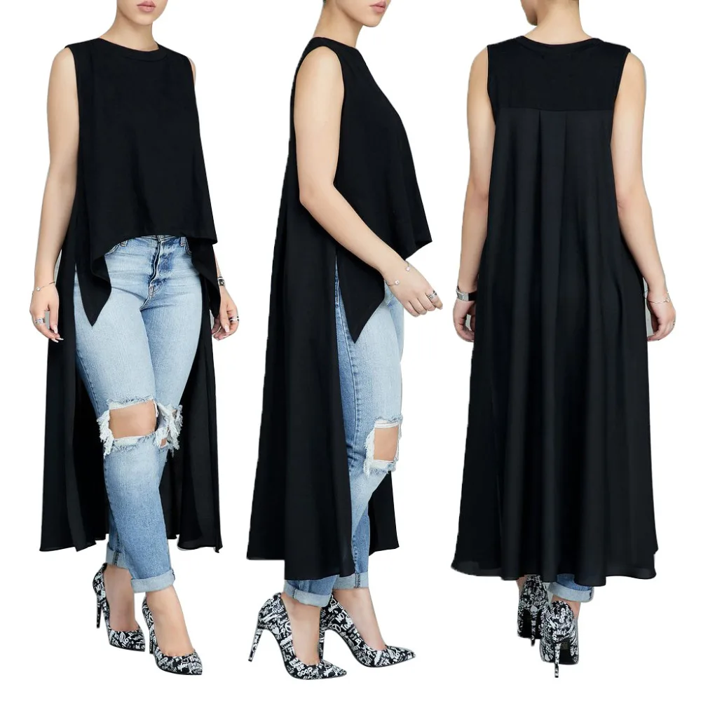 

2019 Long Irregular Blouses Black Sleeveless O-neck Streetwear Female Tee Tops Short Front Long Back Shirt Ladies Fashion Blouse
