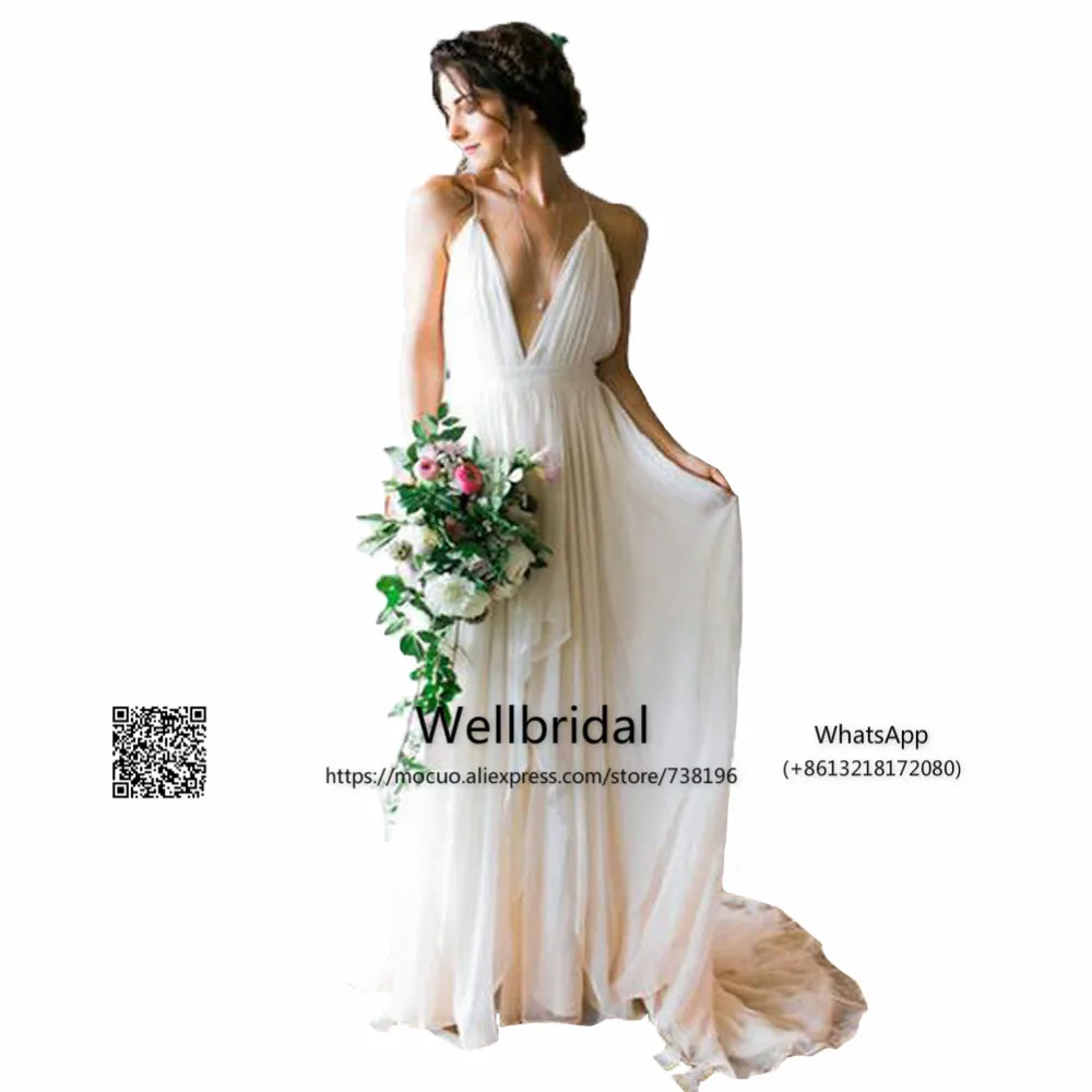 Backless Deep V-neck Sweep Train Beach Wedding Dresses With Straps 1ps'