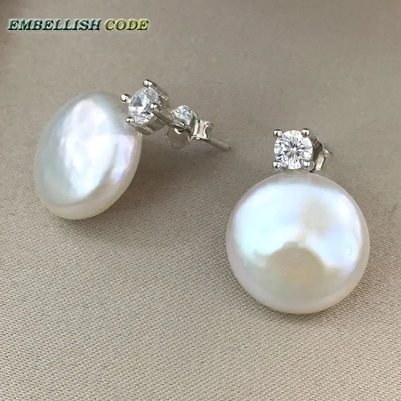 charming natural freshwater coin Button 13mm flat round fine pearls jewelry earrings zirconium for women