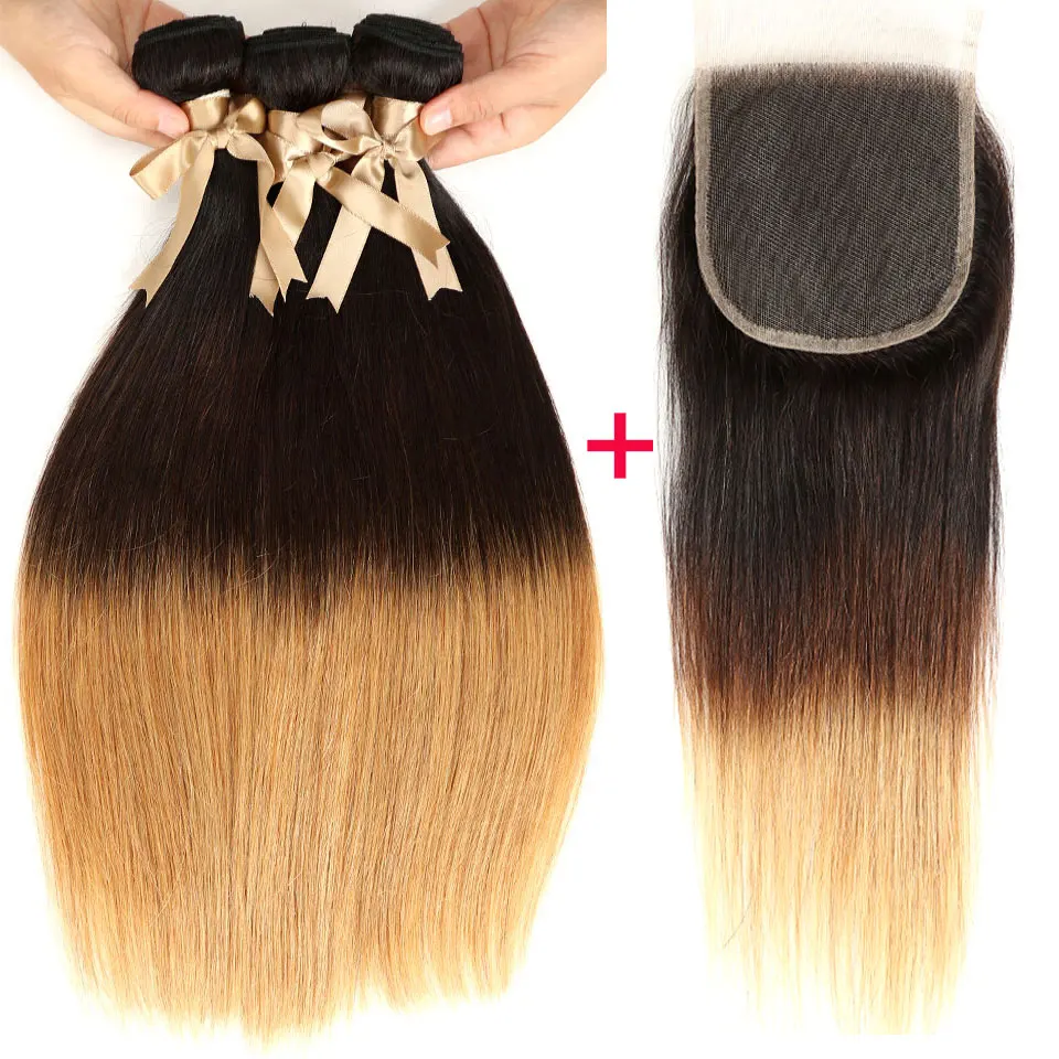 Styleicon Straight Hair Weave with Closure 3 Tone 1B/4/27 Honey Blonde Remy Hair Extensions with Closure Peruvian Hair Weaving