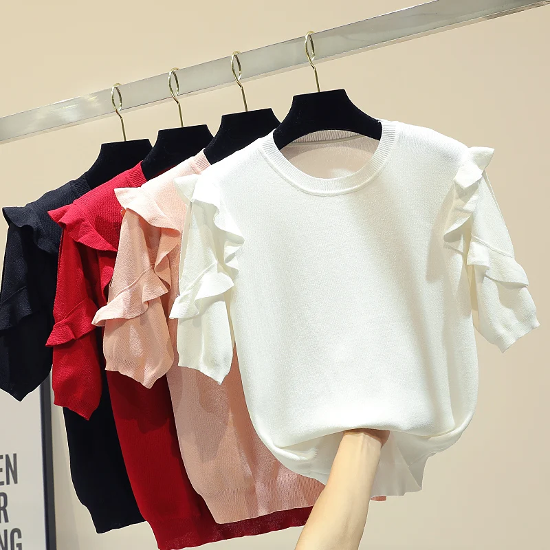 

Knitted Ice Silk Short Sleeve T-shirt for Women Spring Summer 2019 New Loose Net Red Ins Lotus Leaf Edge T-shirt Female Tops