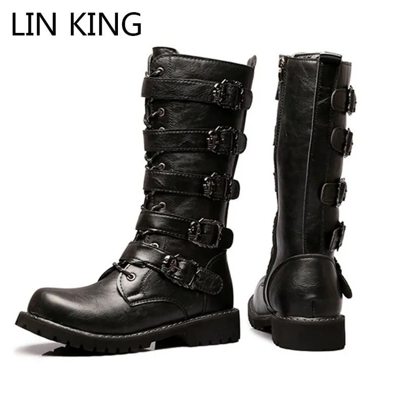 

LIN KING Fashin Plus Size Men's Pu Leather Mid Calf Boots Punk Motorcycle Boots Military Combat Boots Outdoor Protection Boots