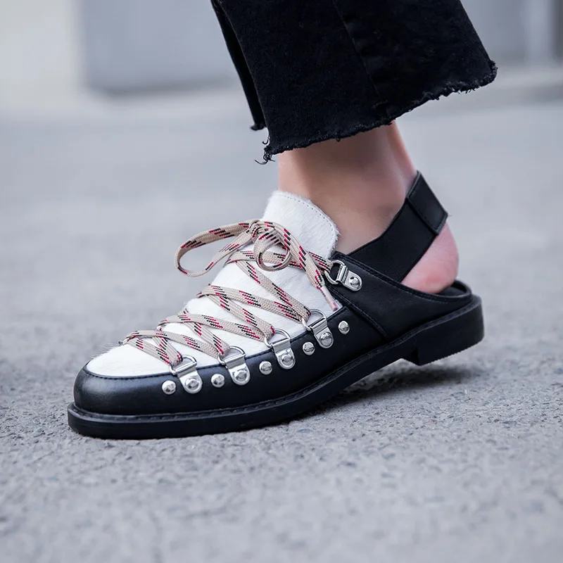 

Women's genuine leather horsehair patchwork cross strap slingback flats brand designer round toe leisure mules comfortable shoes
