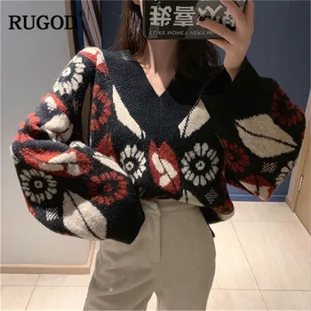 

RUGOD Vintage Fashion Women Sweater Plus Size Casual Women Pullovers 2018 V-Neck Knitted Warm Winter Clothes pull femme hiver