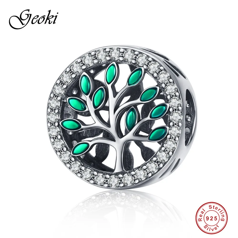 

Geoki 925 Sterling Silver White Cubic Zirconia Paved Green Family Tree Charm fit Pandora Bracelet Plant Shaped Beads Jewelry