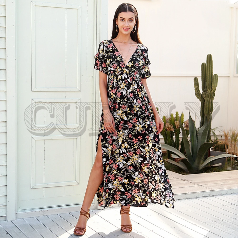 

CUERLY Deep v neck print long dress women Elegant split ruffle vestidos Casual loose maxi dresses 2019 summer new