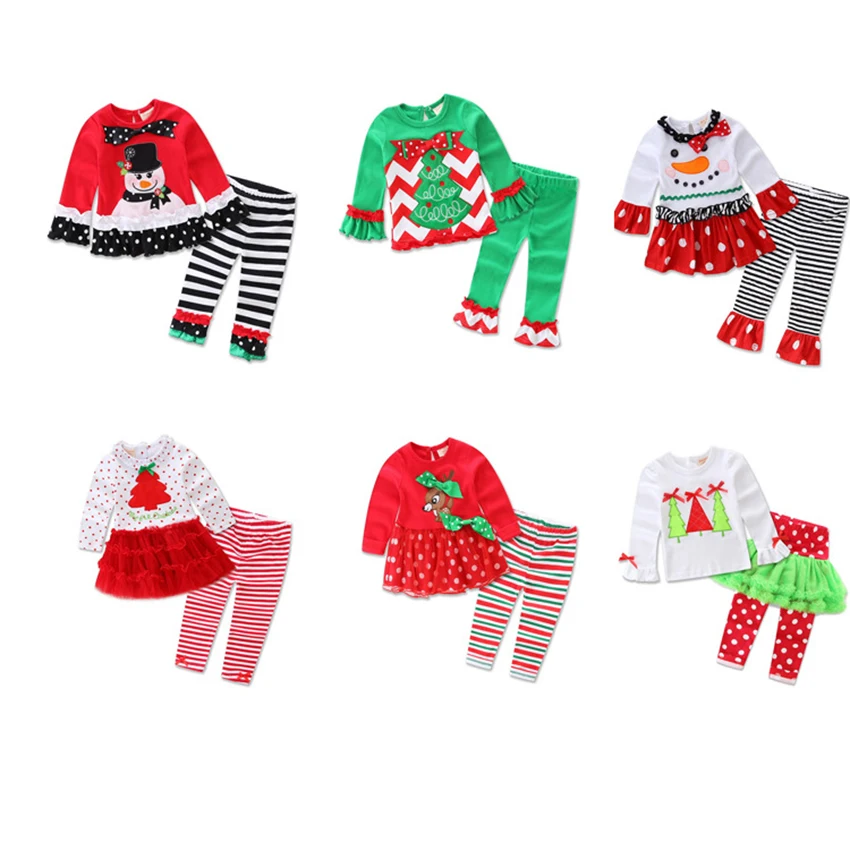 Baby Girl Christmas clothing set Tree elk snowman Print dress top+
