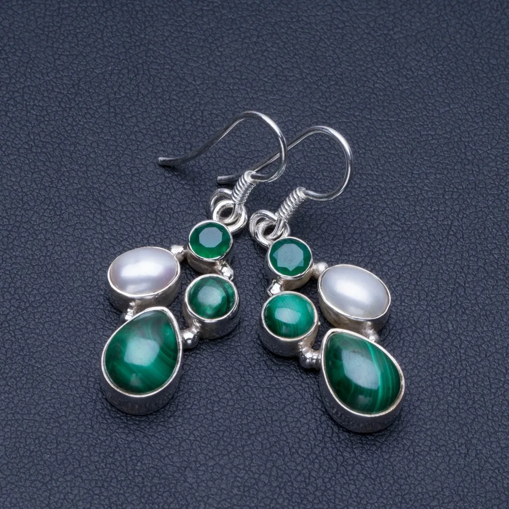 

Natural Chrysoprase,River Pearl and Chrysoprase 925 Sterling Silver Earrings 1 1/2" Q1515