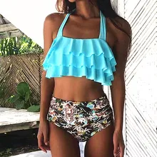 MUQGEW женский купальник бикини с высокой талией сексуальный женский ретро Волан слинг Высокая талия печать бикини на бретельках вокруг шеи раздельный купальник#1220