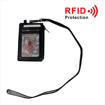 

2019 Style Card Holders with Zipper PU Leather Card Neck Strap with 5 Card Slots RFID protection ID Badge holders ,OEM welcome