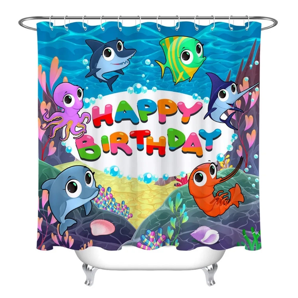 LB Small Fish Octopus Shrimp Dolphin Birthday Shower Curtains Waterproof Custom Bathroom Curtain Fabric For Kids Bathtub Decor | Дом и сад