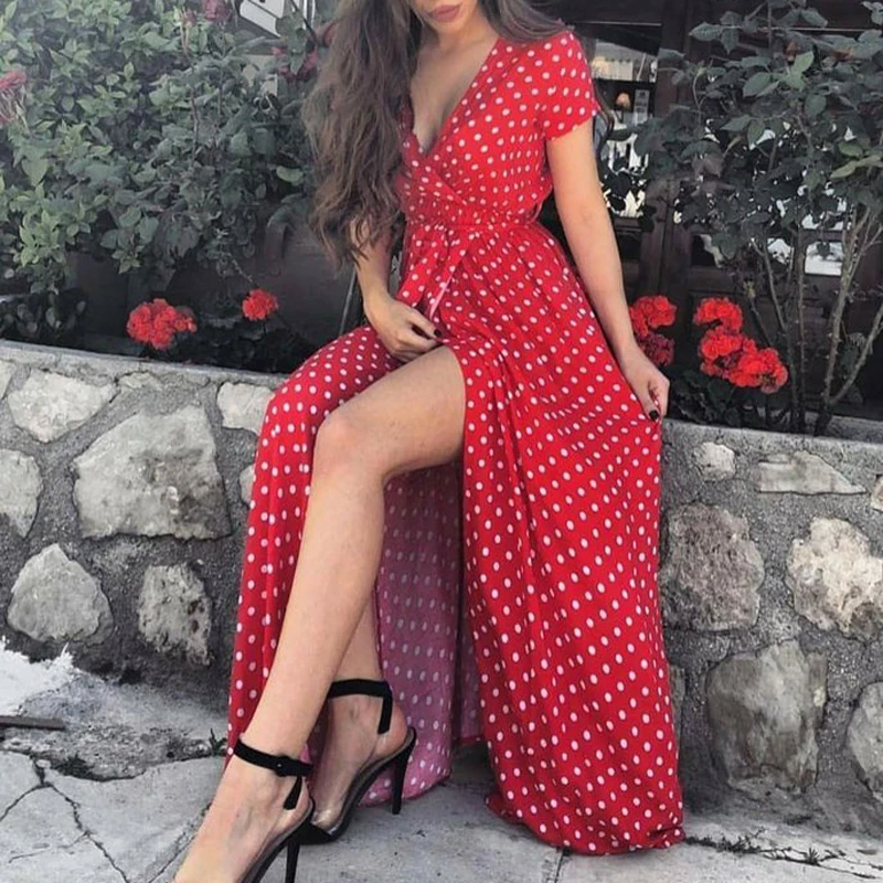 

New Polka Dot Print Split Long Dress Women 2019 Robe Summer Wrap V-neck Short Sleeve Party Dress Female Beach Sundress