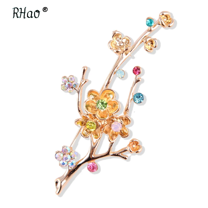 

RHao Romantic Women Colorful Crystal Brooches Wedding Gold-color plum flower brooches men ladies clothes jewelry buckles brooch
