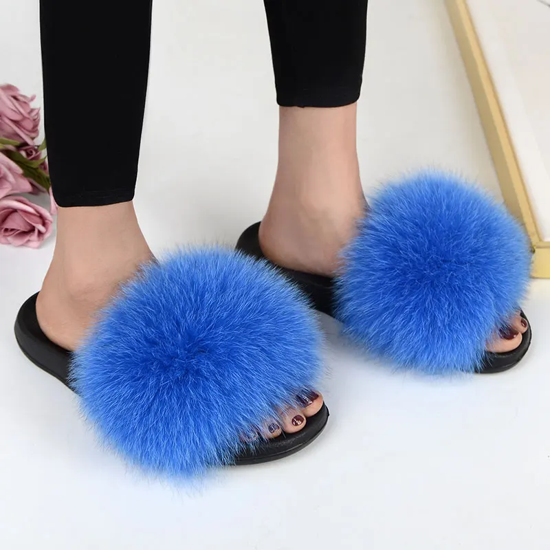 Details about   2019 Women's Fluffy Real Fox Fur Flat Slides Slipper Indoor Sandal Summer Shoes 