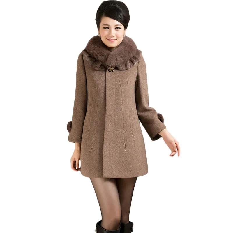 Plus Size L-5XL Autumn Winter Coat Hot Women Slim Elegant Fur Collar Single-Breasted Womens Wool Blended Mother's Day Gift XH923