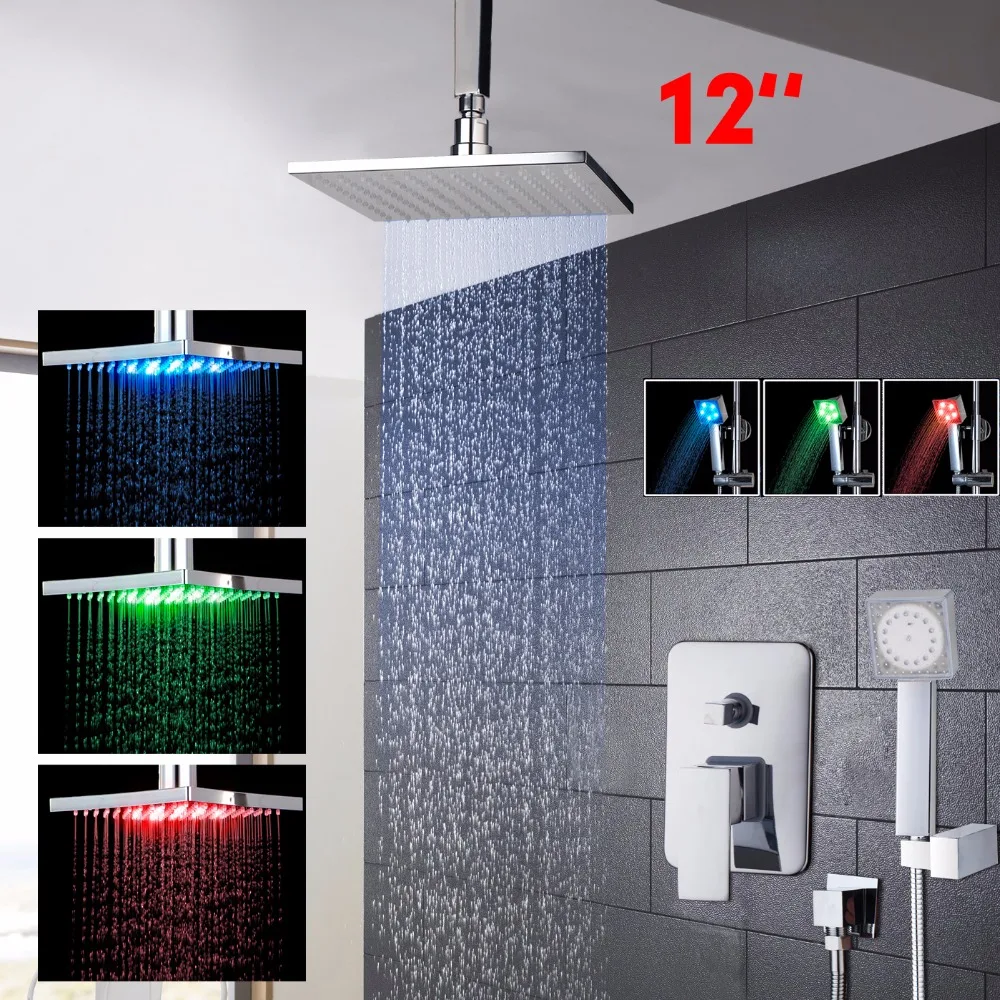 LED 12inch Shower Head Chrome Rainfall Shower  Shower Faucet Set Mixer Tap With  Hand Sprayer Ceiling Mounted