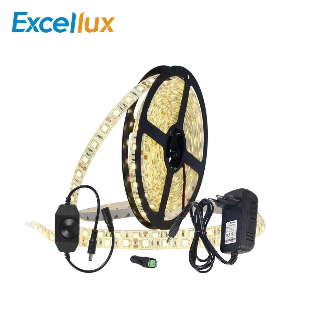 #cheap 1Set 5050 60leds m LED Strip DC12V Led Diode Tape IP20 IP65 Waterproof With Wire controlled dimmer switch+220V to 12V 3A Adapter