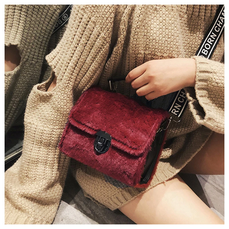 Winter Women New Hairy Bag Tote Shoulder Satchel Bags Korean Small Square Broadband Turn Lock Warm Plush Sweet for Girls SS3507 (14)
