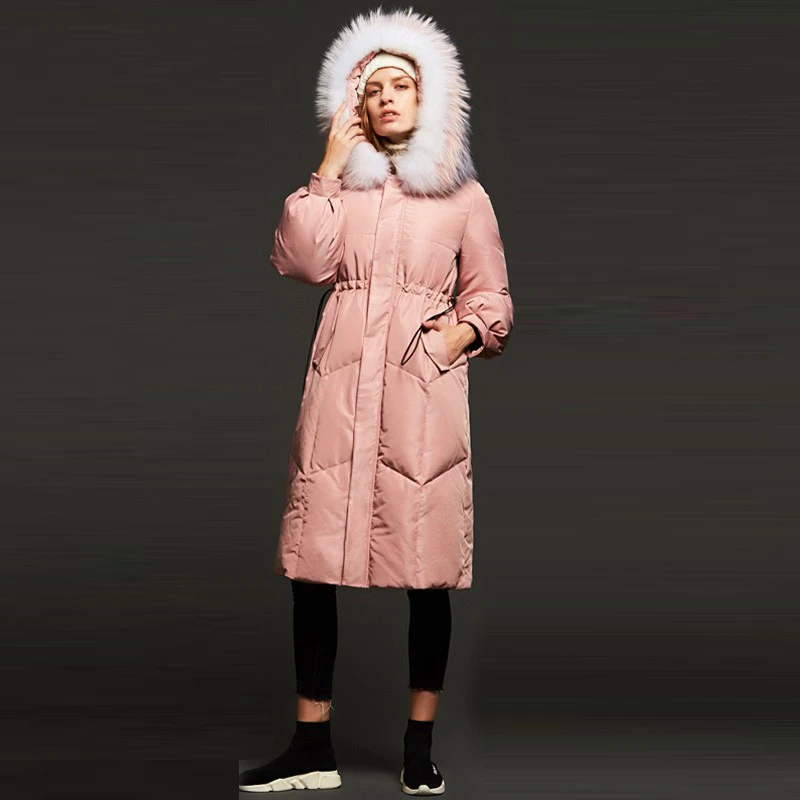 Korean 2018 New Winter Women's Down Jacket Casual Long Pink Thick Warm Hooded with fur Collar White Duck Down Coat Women AO591