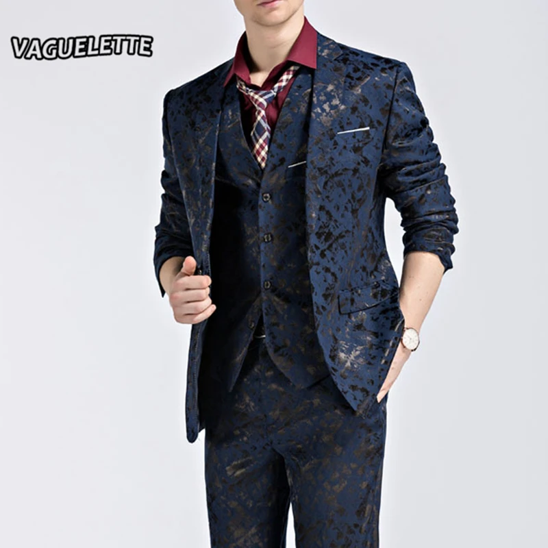 (Blazer+Pants+Vest) Fashion Men's Suit Shine Pattern Luxury Men Stage