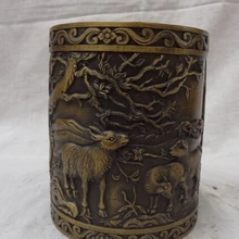 Песня voge Лунный камень S2778 Китайский Бронзовый 3 Овец Статуя Буддизм Tree Hill Кисть Горшок Pen Контейнер