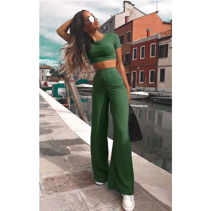 BKLD Two Piece Set Women Short Sleeve O Neck Crop Top And Wide Leg Long Pants Set Sexy Summer Pink Tracksuit Women 2024 New