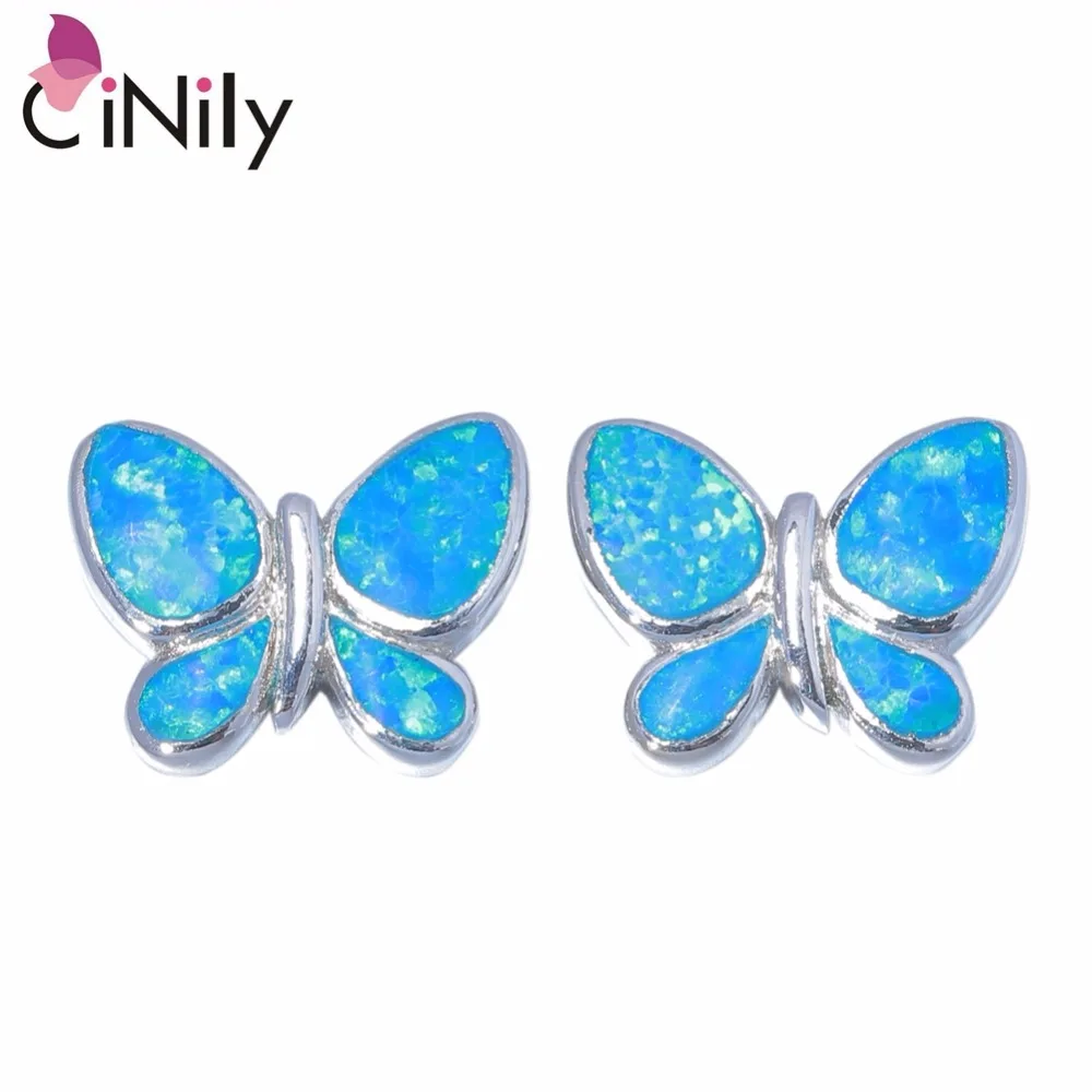 

CiNily Created Blue Green Fire Opal Silver Plated Wholesale Lovely Butterfly for Women Jewelry Stud Earrings 10mm OH4471-72