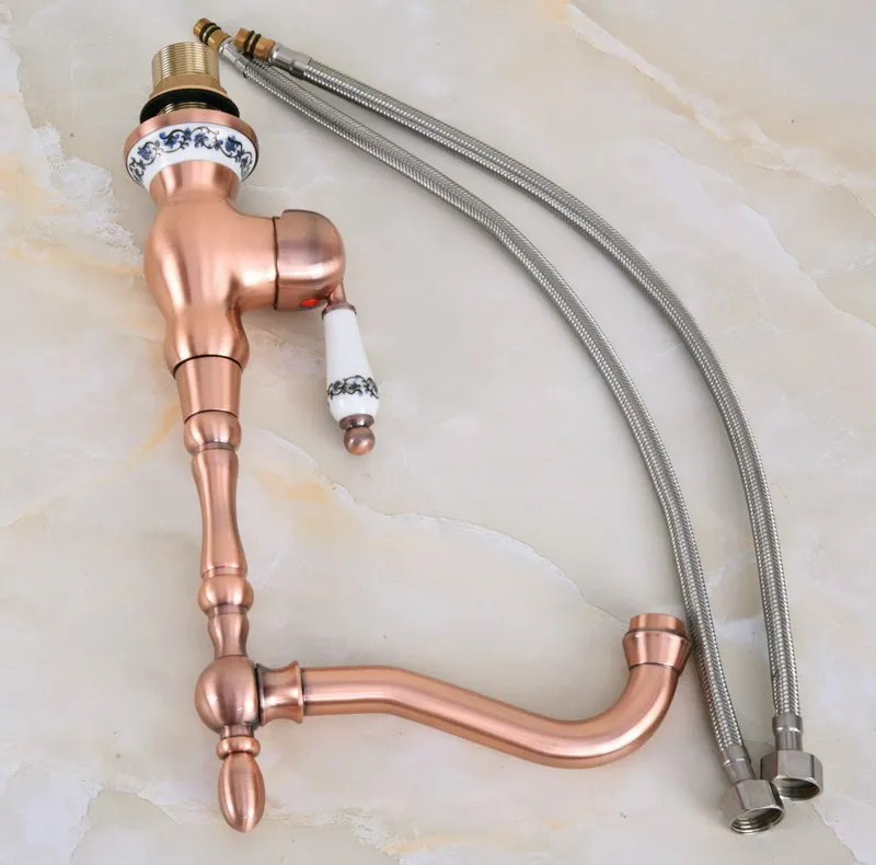 Antique Red Copper Brass Single Ceramic Lever Base Bathroom Kitchen Basin Sink Faucet Mixer Tap Swivel Spout Deck Mounted mnf640