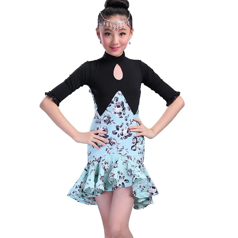 

2017 new summer childrens half-sleeved Latin dance dress girls milk fiber clothes print performance sheath costumes 110-165cm