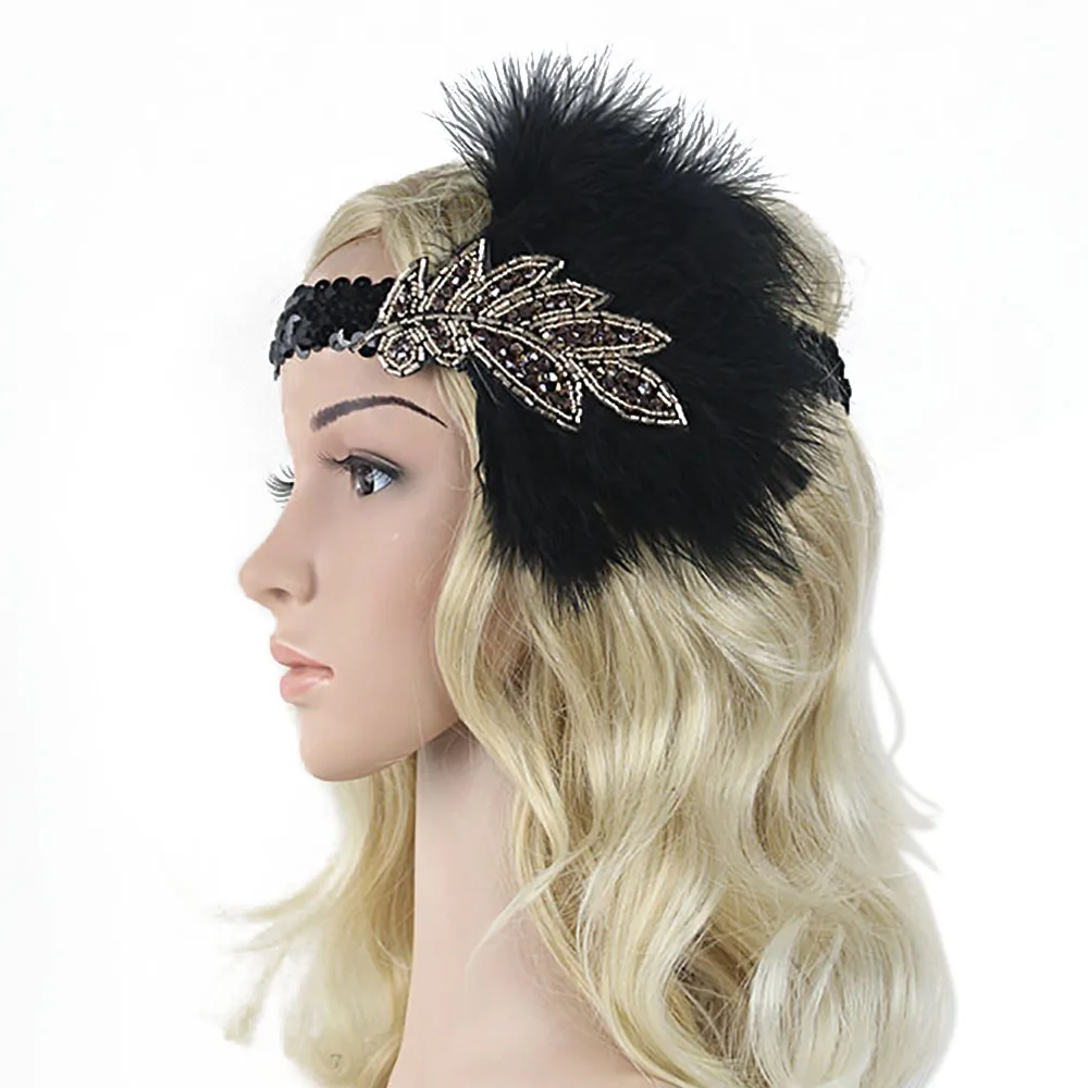 Deluxe Beaded Leaf Feather Headband Black Sequins 1920s Headpiece