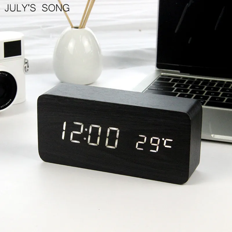 JULY'S SONG LED Clock Wooden Digital Alarm Clock Night Light LED Display Temperature Table Clockes Desk Electronic Despertador