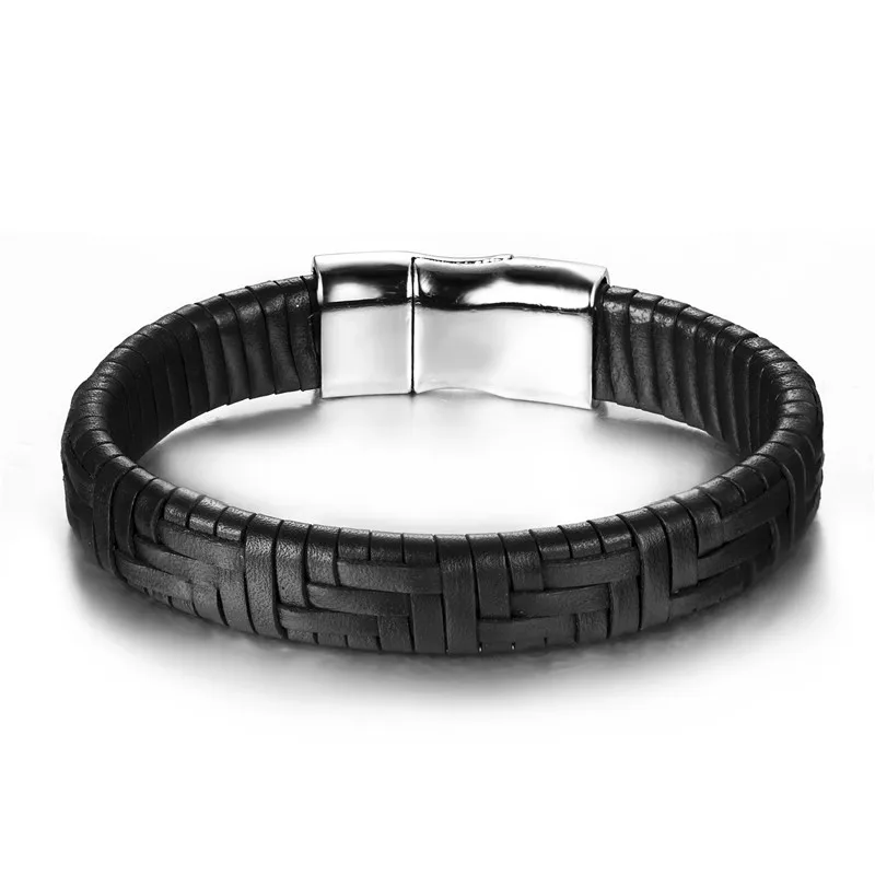 Feifuli Men's Black Braided Leather Bracelet - Genuine Leather With Stainless Steel Clasp (Medium)