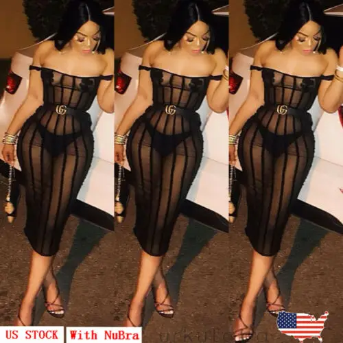 الأسهم الأمريكي مثير النساء مساء حزب Clubwear معطلة الكتف بقماش شفاف Bodycon اللباس