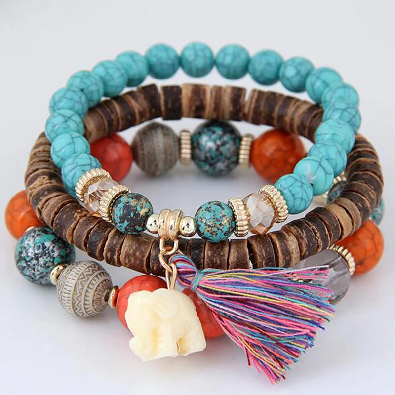 

Wooden Beaded Bracelets Women Bohemia Elephant Tassel Charm Lots Bracelets & Bangles Set Boho Vintage Jewelry Femme