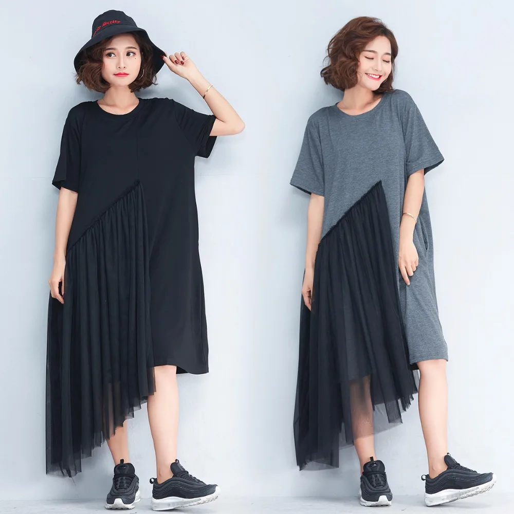 

Plus Size 2018 Summer Women European Fashion Patchwork Mesh Tops Lady Female Big Short Sleeve Loose Irregular Color Block Dress