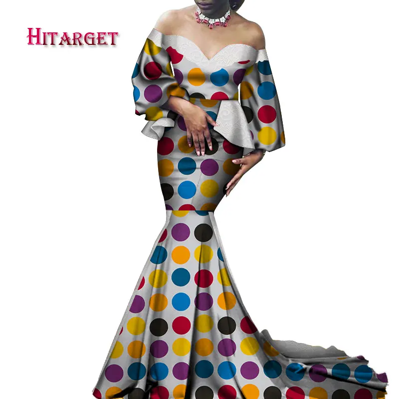 Африканские платья для женщин Bazin Riche с пышными рукавами, сексуальное длинное свадебное платье с глубоким v-образным вырезом, традиционная африканская одежда WY4162 - Цвет: 18