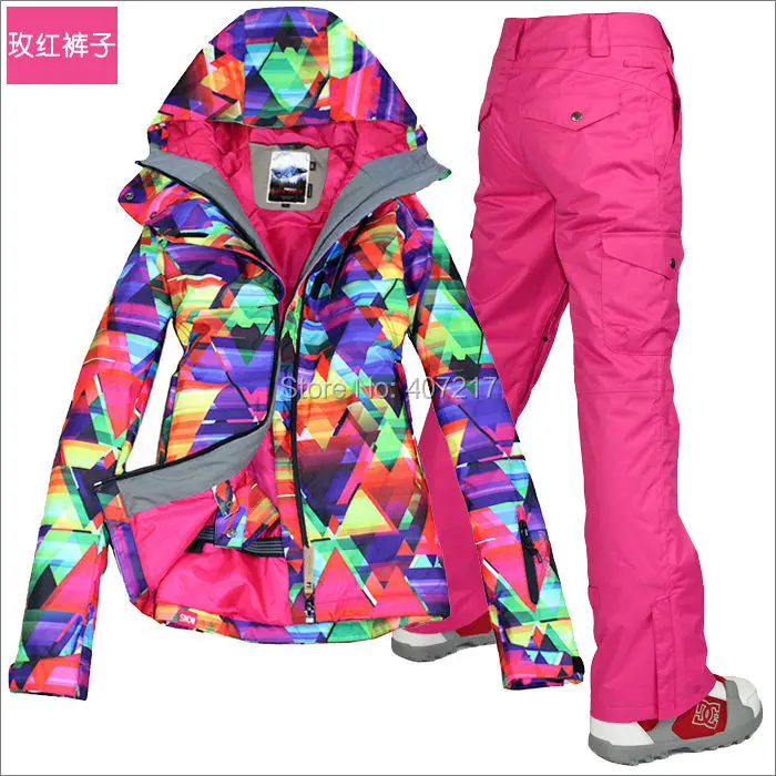 2016 women's ski clothes female skateboarding skiing suit skiwear geometric figure ski jacket and hot pink ski pants snow wear