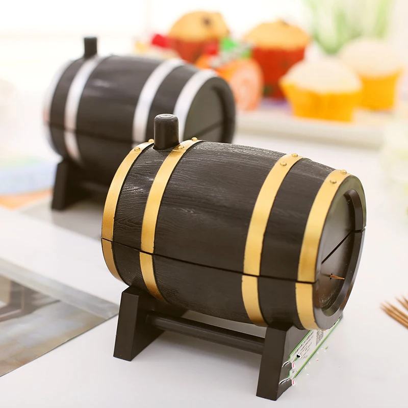 

Hot Sell Funny Wine Barrel Shaped Automatic Toothpick Holder Box Portable Toothpick Storage Box Dispenser Table Decoration DUO2