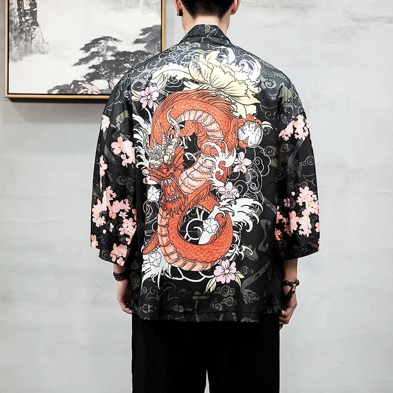 Новый мужское кимоно Jas Dunne жилет Overhemd Japanse Stijl Mannelijke маннен Дракон печати уличная