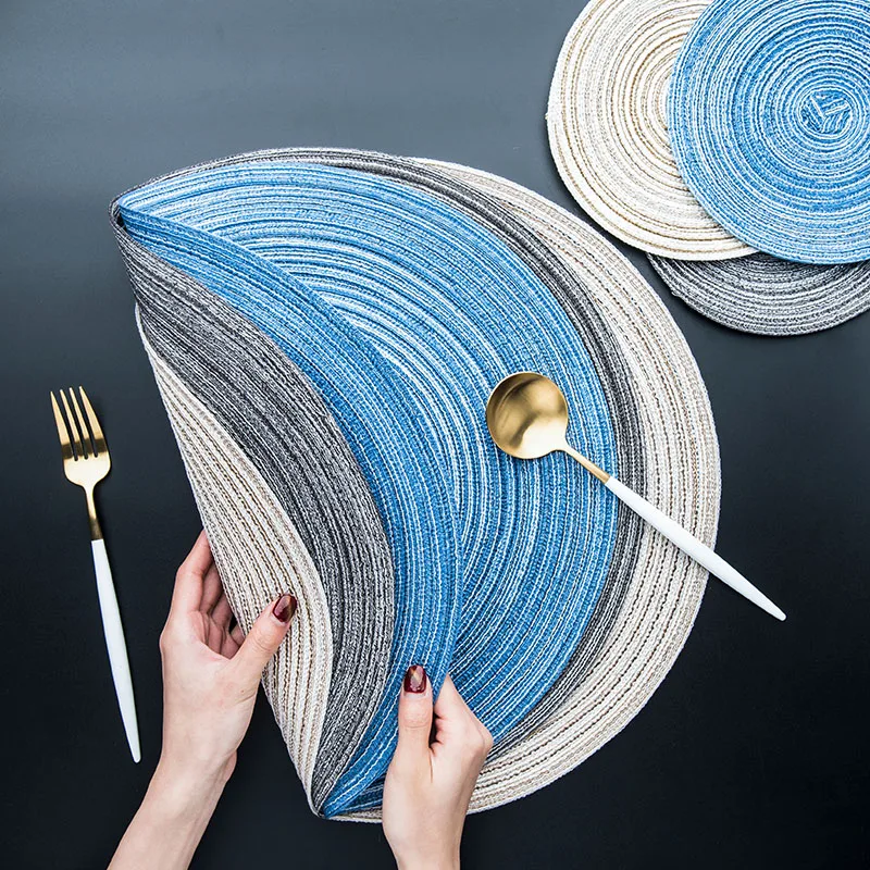 2PCS Round Weave Placemat Cotton Thread Thicker Cloth Dining Table Mat Disc Pads Bowl Pad