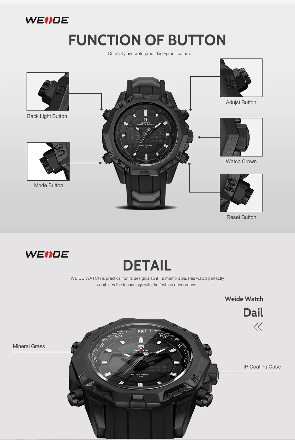 WEIDE 6406 мужские повседневные часы лучший бренд класса люкс будильник водостойкие спортивные наручные часы Аналоговые цифровой автоматический LCD человек