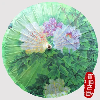 

Pure Green Color Bottom Oil Paper Umbrella Three Large Peony Flower Blossom Paper Parasol Plant Exhibition Art Paper Umbrella