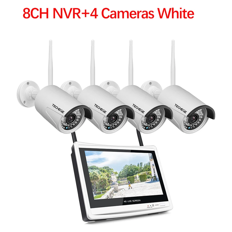 Techege 8CH 1080P Беспроводная NVR CCTV система 1" ЖК-экран 2.0MP аудио запись наружная IP камера система видеонаблюдения - Цвет: 8CH NVR 4Cam White A